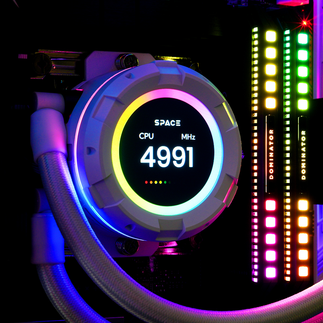 Close-up of a computer CPU cooler with digital display and RGB lighting.