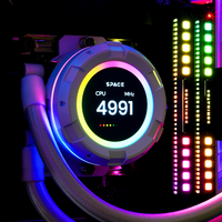 Close-up of a computer CPU cooler with digital display and RGB lighting.