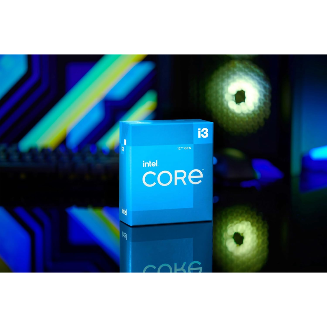Intel Core i3 processor box with blurred motherboard in the background