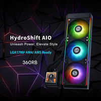 Computer cooling system with RGB lighting on a dark geometric background