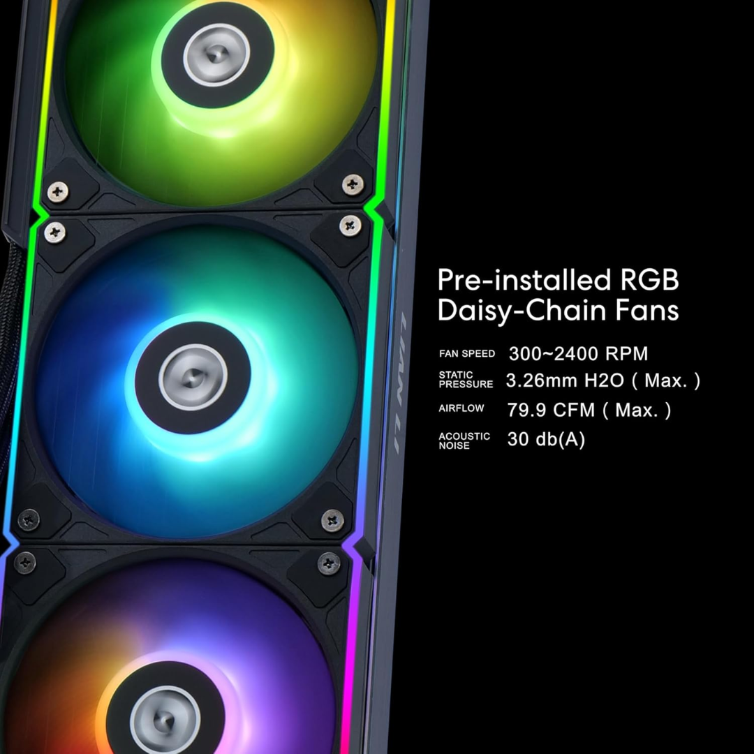 Three pre-installed RGB daisy-chain fans with colorful lighting on a black background.