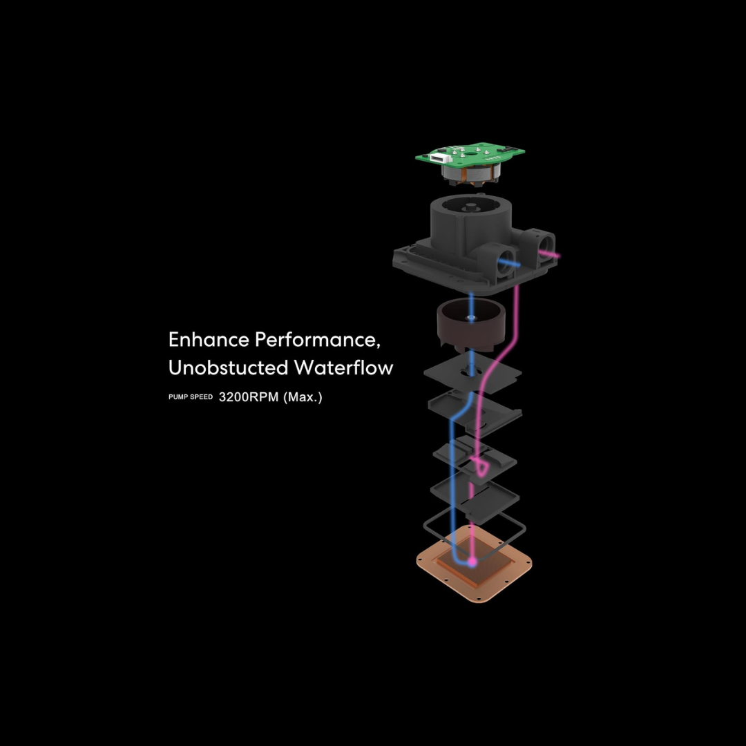 Technical diagram of a water pump system with labeled components on a black background.