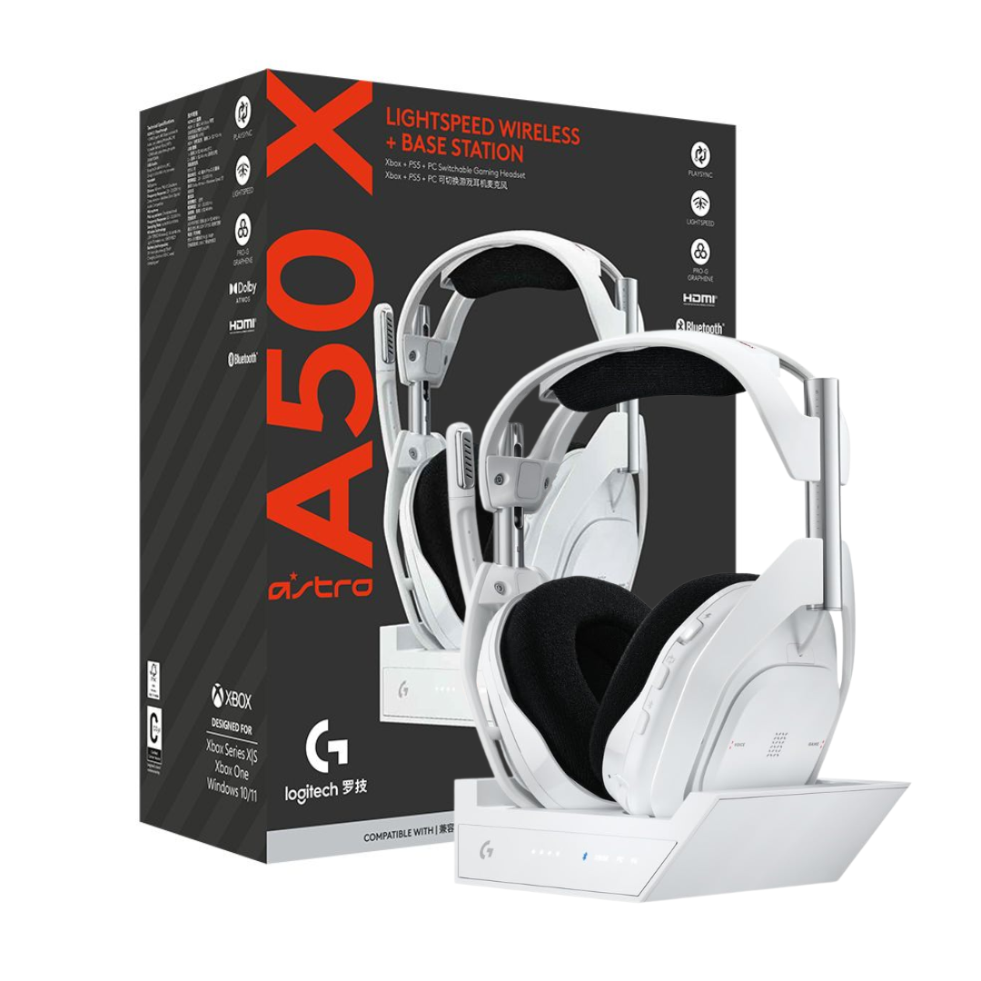 Astro A50 gaming headset with base station and packaging on a white background