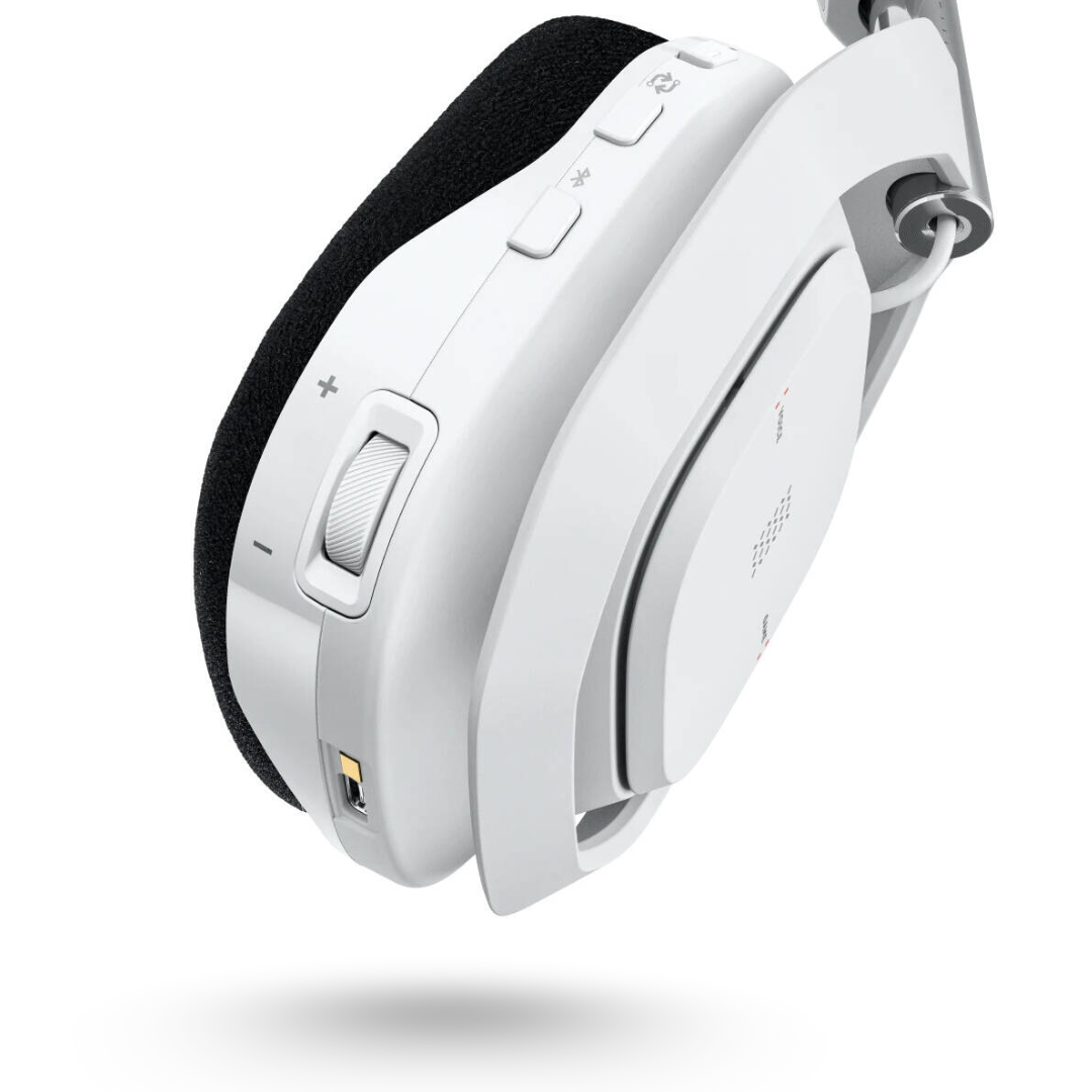 White headphones with control buttons on a white background
