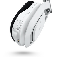 White headphones with control buttons on a white background