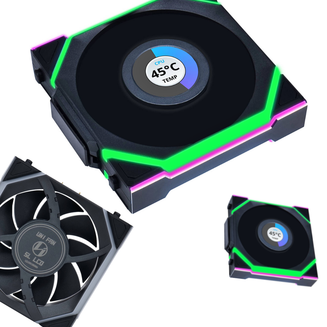 Lian-Li UNI FAN SL Wireless LCD Case Fan, 120mm Fan Size, 1900 RPM Fan Speed, 58.08 CFM Fan Airflow, Fluid Dynamic Bearing Type, Pack of 3, Black