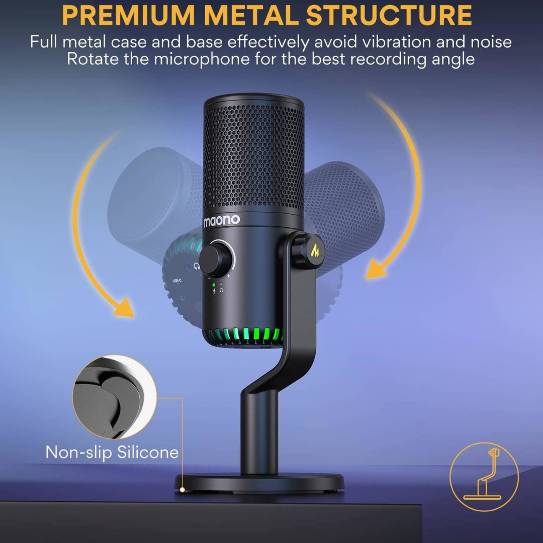 Maono DM30 Programmable USB Condenser Microphone, Cardioid Polar Pattern, 20Hz-20kHz Frequency Response, -4dBFS Sensitivity, 9 Controllable RGB Light, Real Time Monitoring, Black  DM30