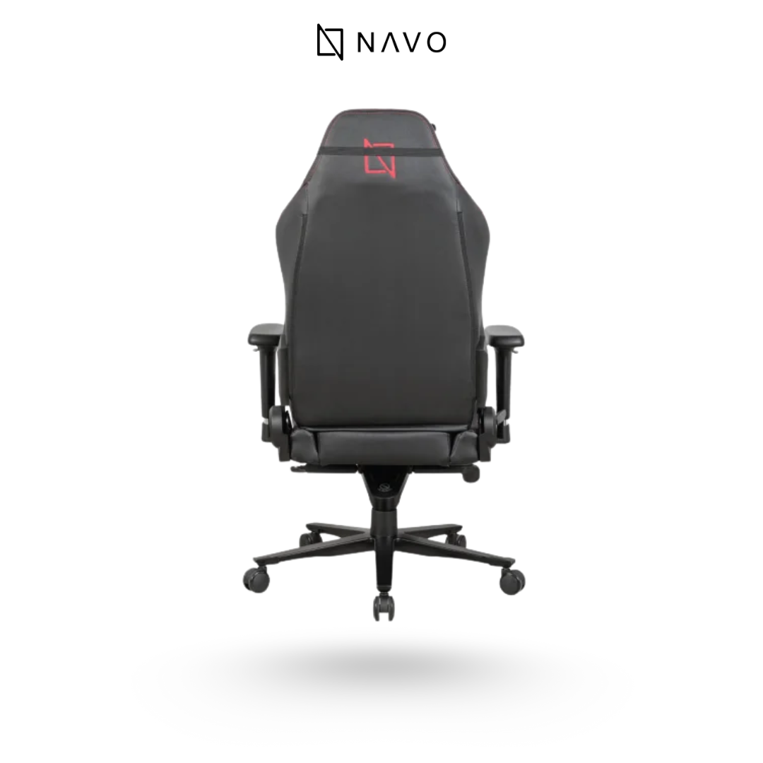 Black gaming chair with red logo on the backrest, branded 'NAVO', on a white background