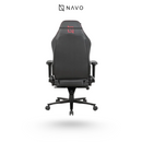 Black gaming chair with red logo on the backrest, branded 'NAVO', on a white background