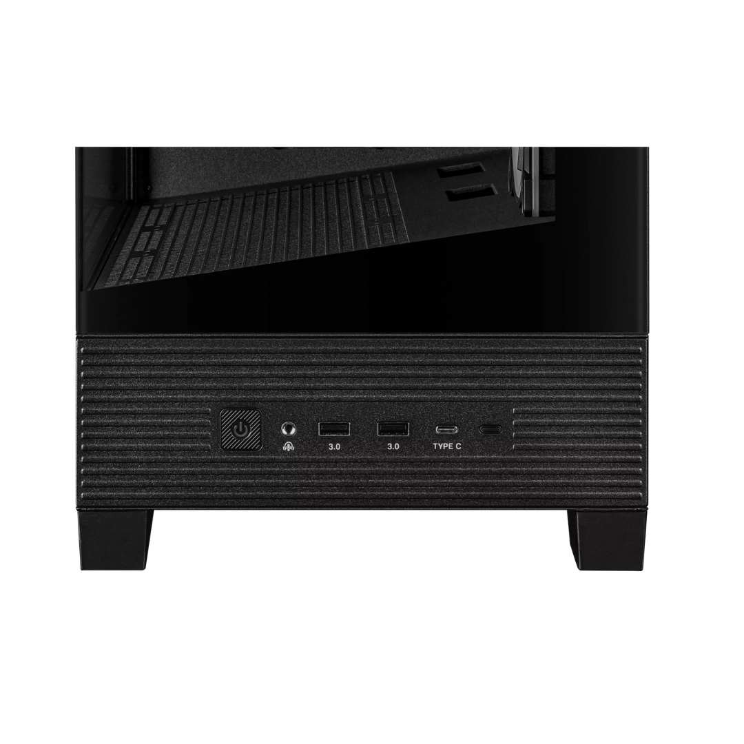 Black computer case with side panel removed on a white background