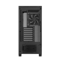 Black computer case with a fan on a white background