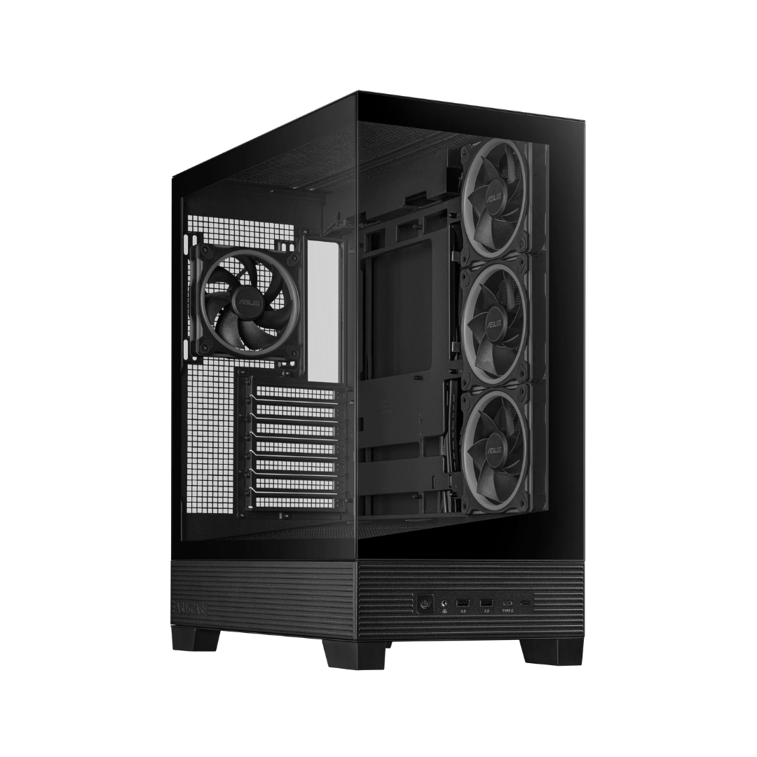 Black computer case with multiple fans on a white background
