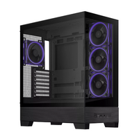 Black computer case with purple lighting on a white background