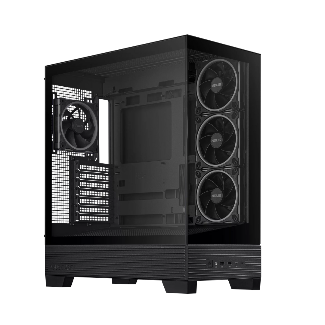 Black computer case with multiple fans on a white background