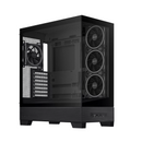 Black computer case with multiple fans on a white background