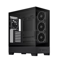 Black computer case with multiple fans on a white background