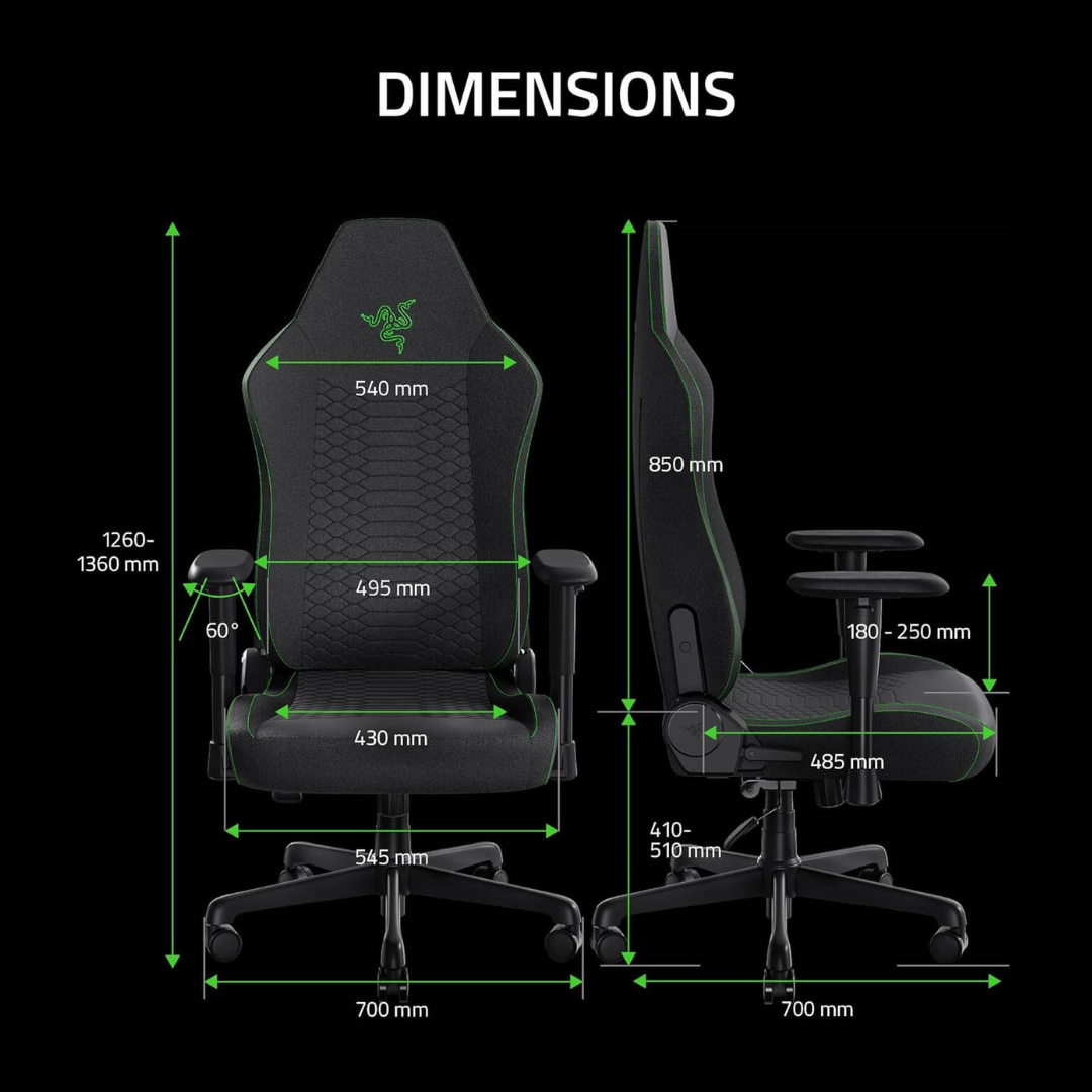 Gaming chair dimensions with Razer logo on a black background
