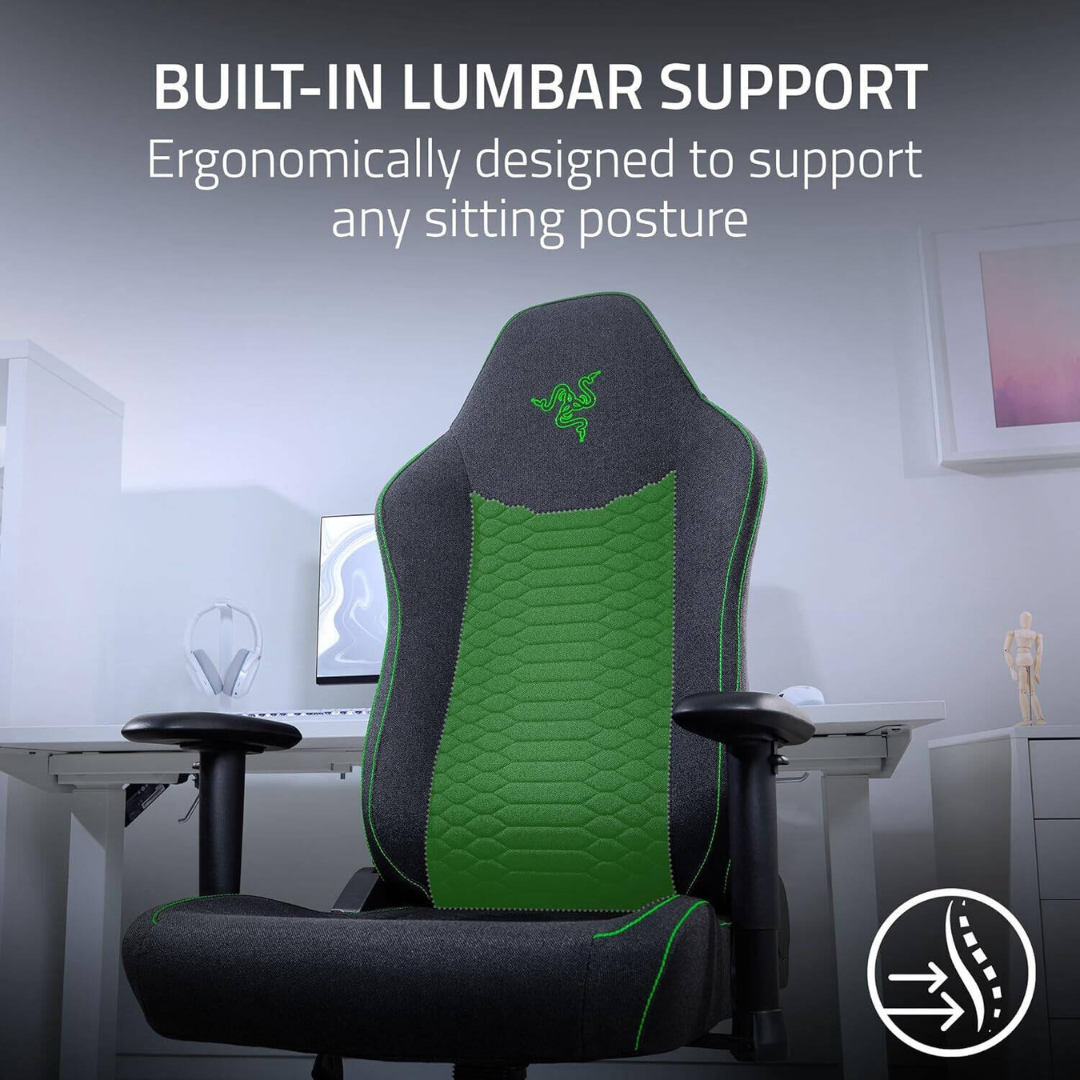Razer gaming chair with built-in lumbar support in an office setting