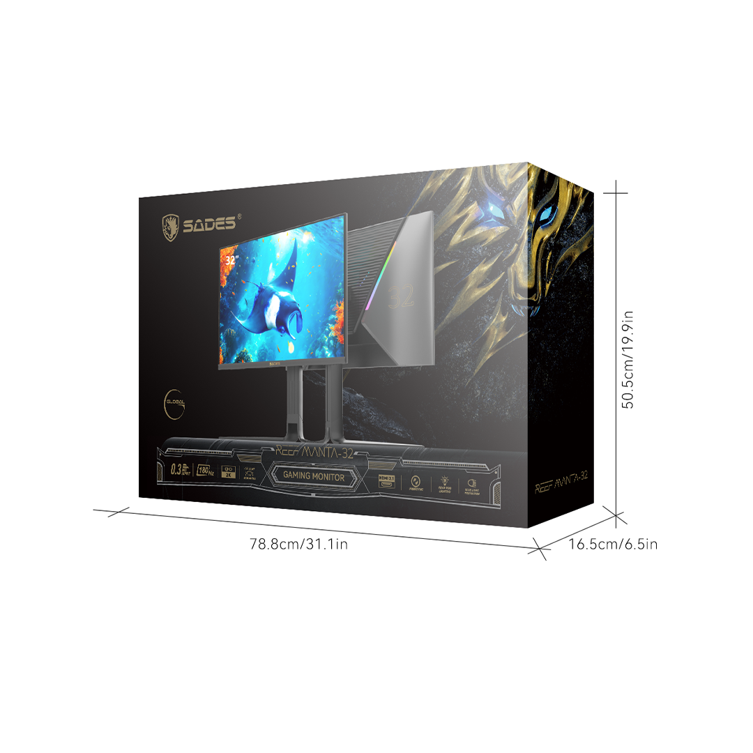SADES Reef Manta-32 (SA-F02Q32B) 32-inch QHD Gaming Monitor, 2560x1440 Fast IPS Flat Display, 180Hz Refresh Rate, 0.3ms MPRT Response Time, 100% sRGB, Adaptive Sync, HDR, HDMI 2.1 & DP 1.4, Built-in Speakers, RGB Lighting, Black | SA-F02Q32B