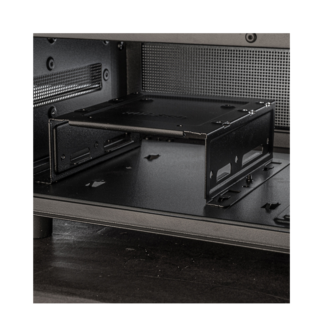 Black metal bracket or mount on a dark surface with a grid pattern in the background