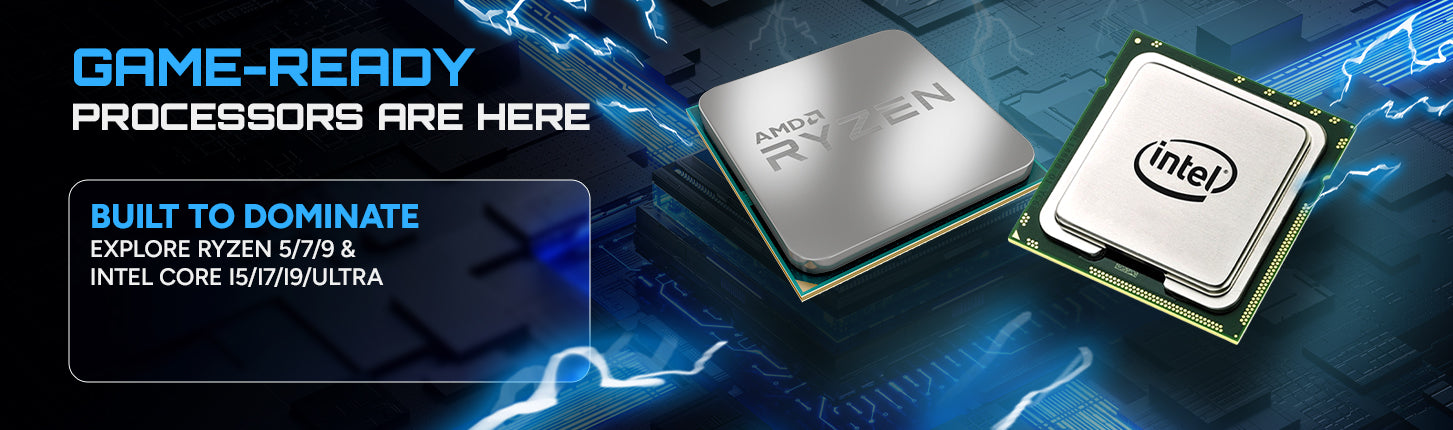 Collection of AMD Ryzen and Intel Core processors on display with performance-focused layout