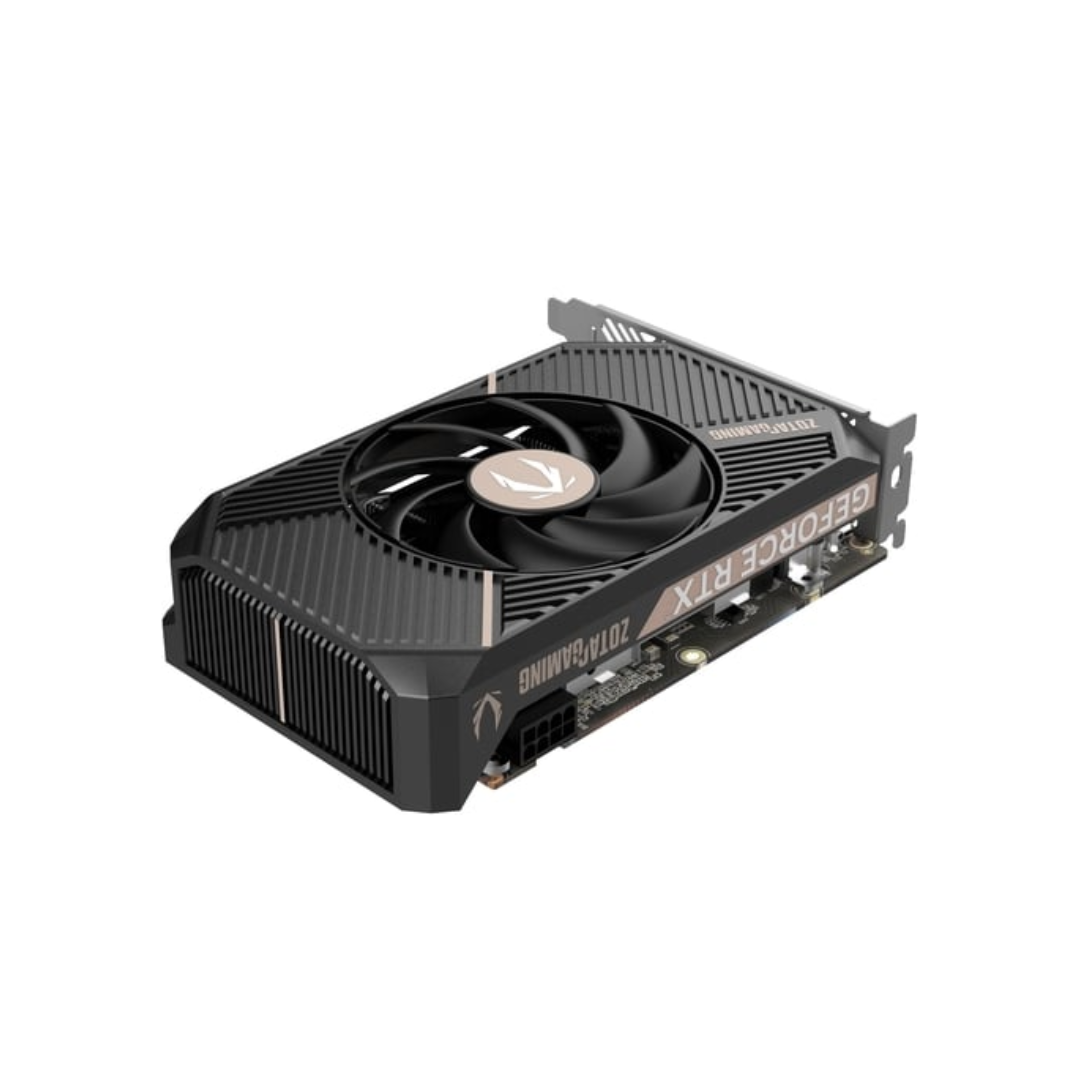 Image Alt Text:
ZOTAC RTX 5060 SOLO Edition graphics card with 8GB GDDR7, compact single-fan cooling, DLSS 3, and ray tracing support.