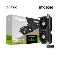 ZOTAC RTX 5060 Ti Twin Edge OC graphics card featuring dual-fan cooling, 8GB GDDR7 memory, DLSS 3, and Ray Tracing support.