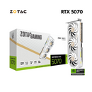 ZOTAC RTX 5070 AMP White Edition graphics card with 12GB GDDR7, RGB lighting, dual-fan cooling, DLSS 3, and Ray Tracing support.
