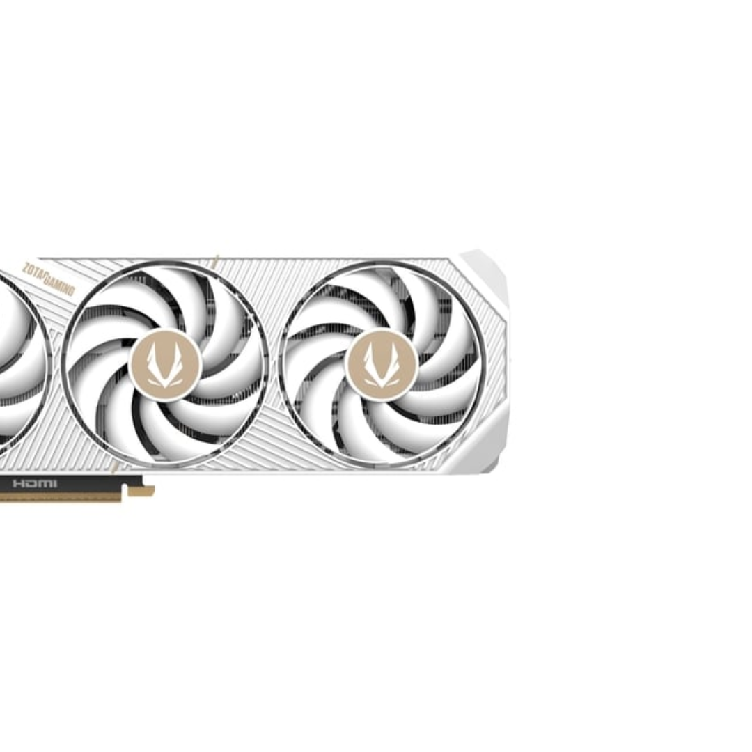 ZOTAC RTX 5070 AMP White Edition graphics card with 12GB GDDR7, RGB lighting, dual-fan cooling, DLSS 3, and Ray Tracing support.
