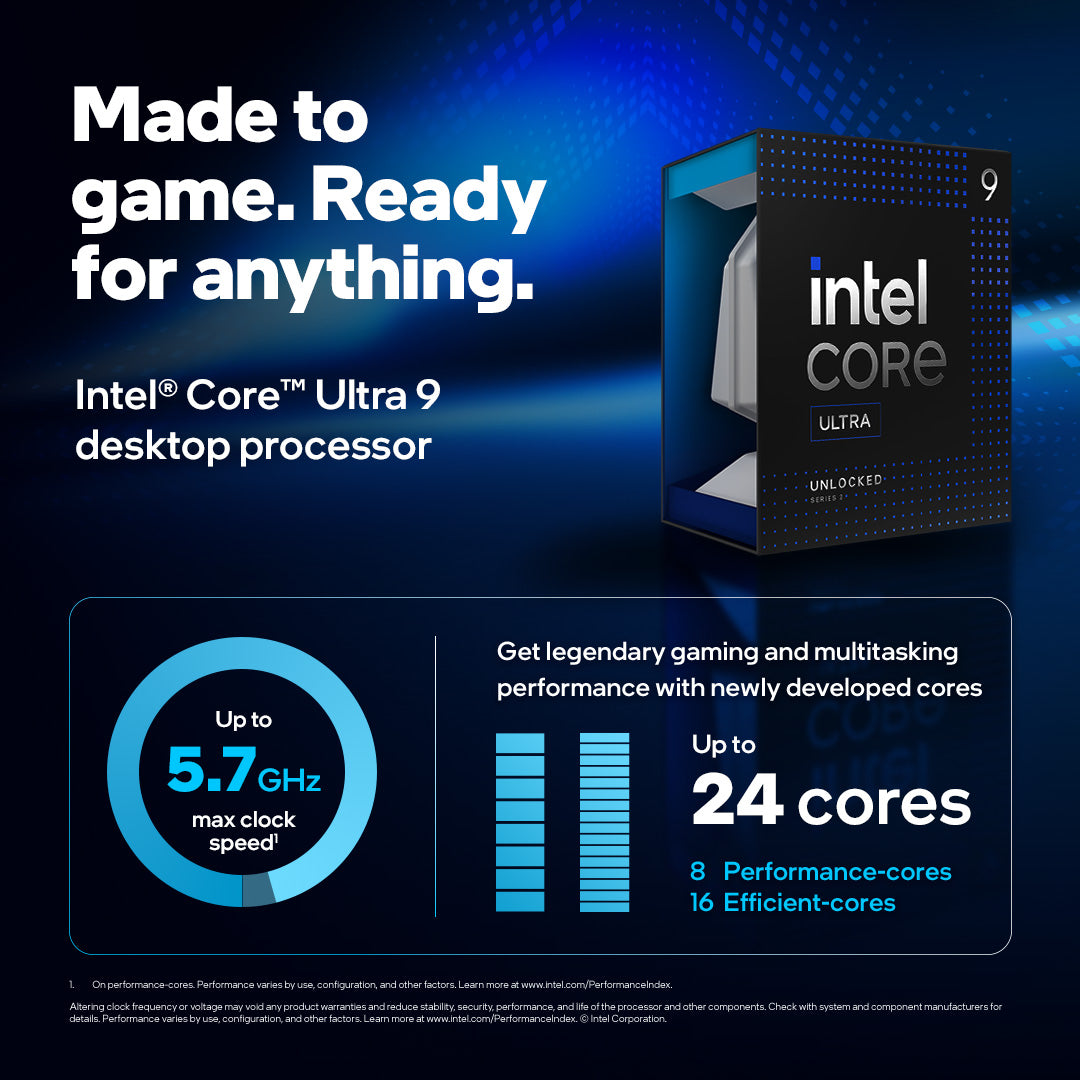 Intel Core Ultra 9 desktop processor packaging with performance specifications on a dark blue background